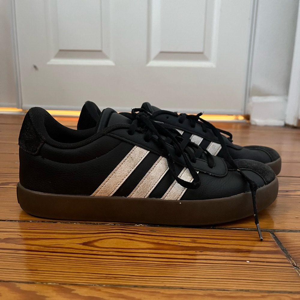 Adidas Black Shoes with White and Brown Accents